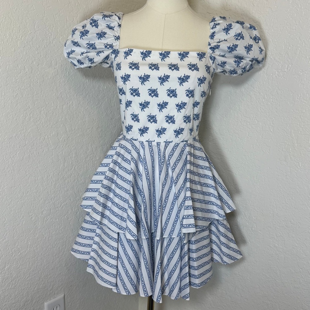 Mini Dress Caroline Constas Puff‎ Sleeve Square Neck Ruffle Coquette Cottagecore